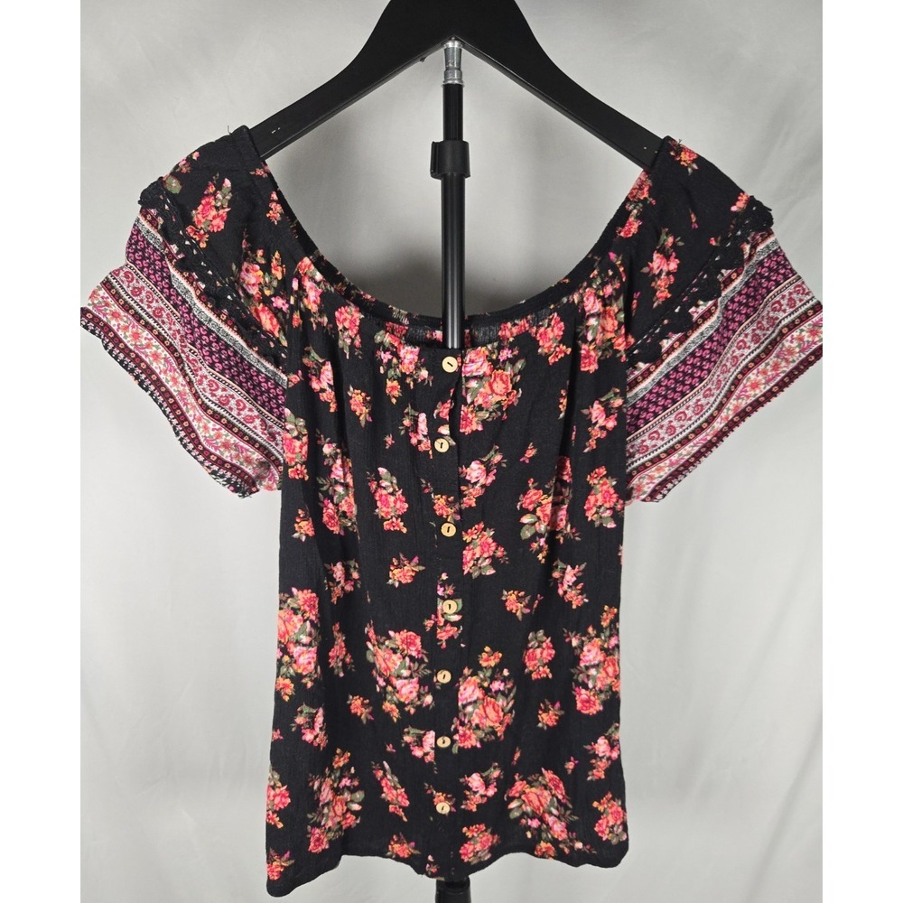 Floral Boho Peasant Off Shoulder Top Contrast Border Print Sz M Cottagecore Y2K